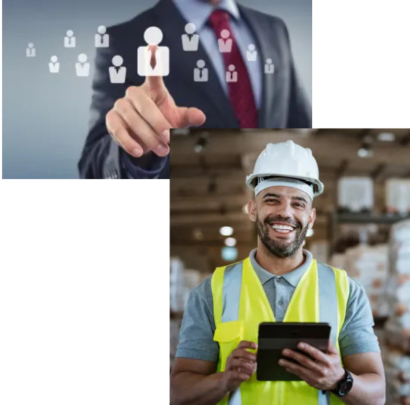 grupo de empleados sonrientes con uniformes DALSI, uno con tablet mostrando datos de inventario, otro con herramientas de limpieza y un reclutador en laptop